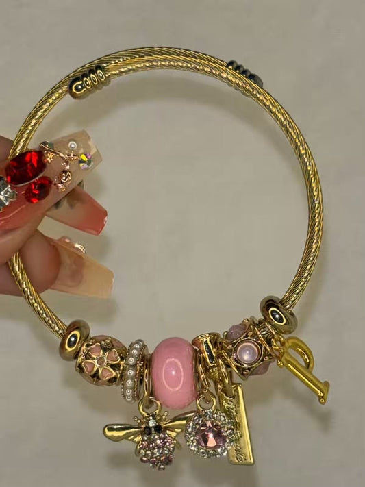 Charms Pink Bee Bracelet With Customised Initial  ( Silver )