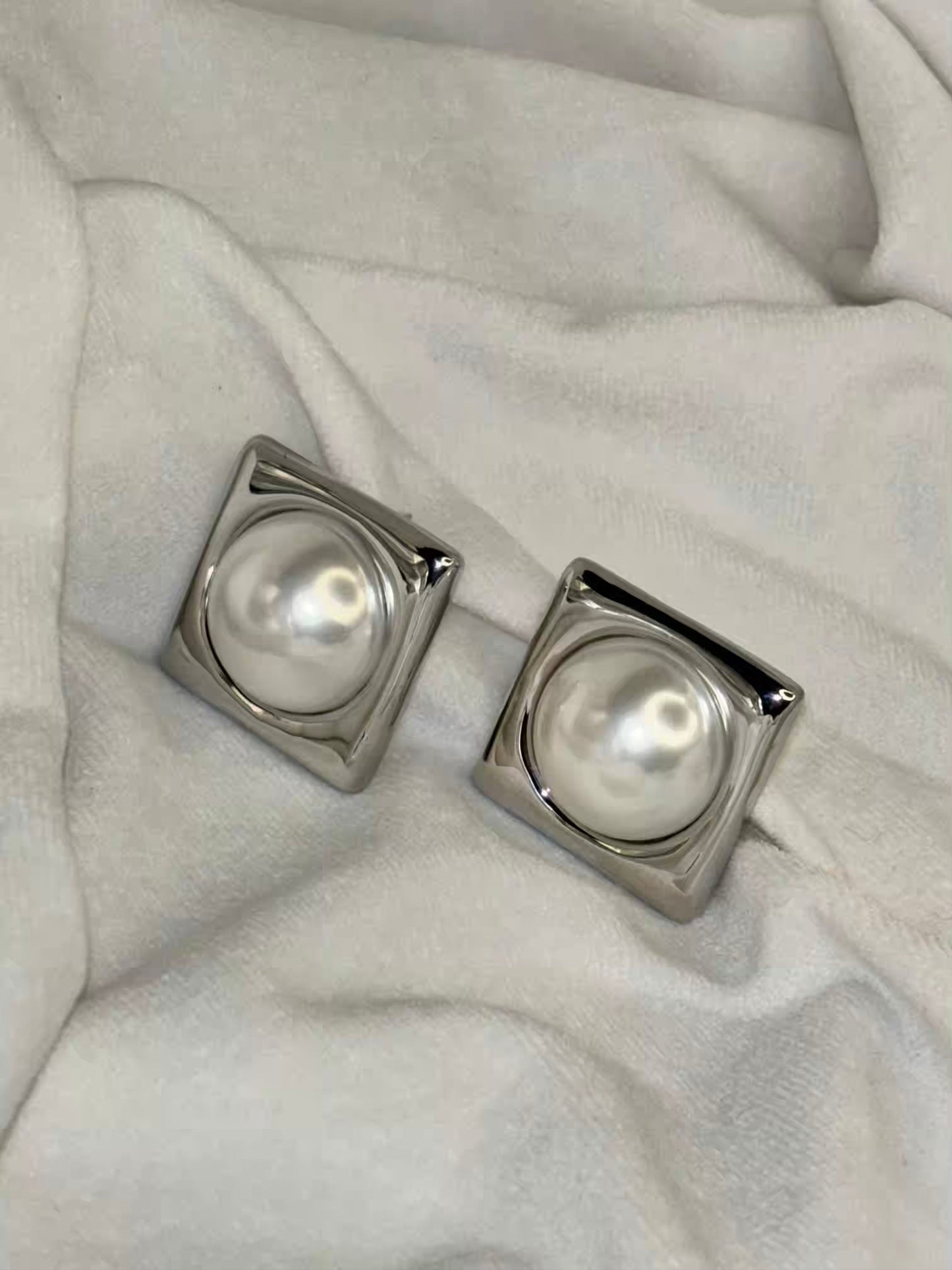 Silver Box Pearl Earrings Studs - Silver Plated