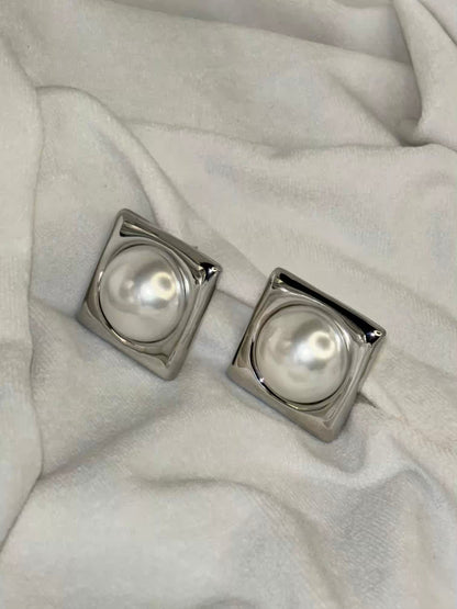 Silver Box Pearl Earrings Studs - Silver Plated