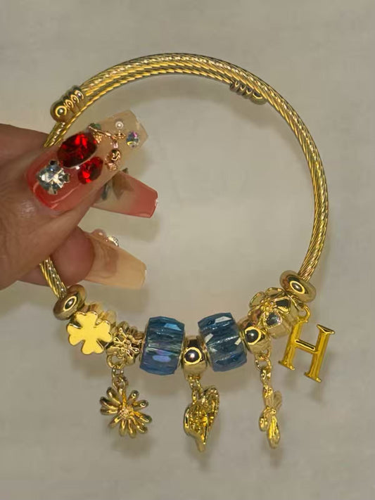 Charms Blue Sunflower Bracelet With Customised Initial  ( Gold )