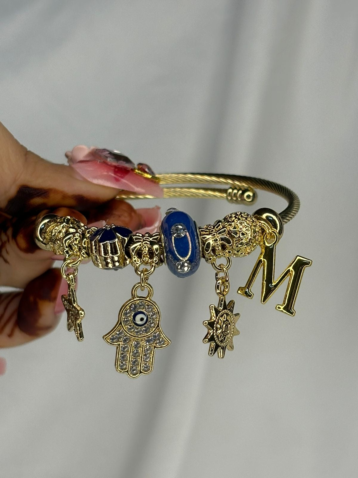 Charms Blue Hamsa Bracelet With Customised Initial (Gold)