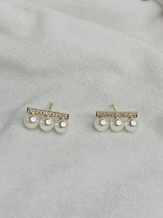 Linear Small Pearls Basic Earrings Studs - Silver Plated