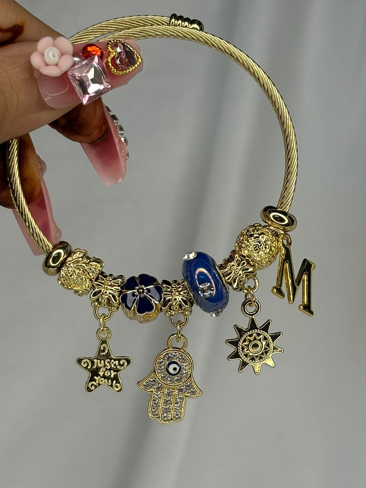 Charms Blue Hamsa Bracelet With Customised Initial (Gold)