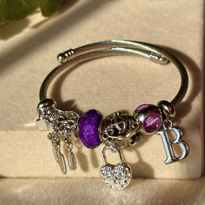 Purple Heart Dreamcatcher Charms Bracelet With Customised Initial ( Silver )