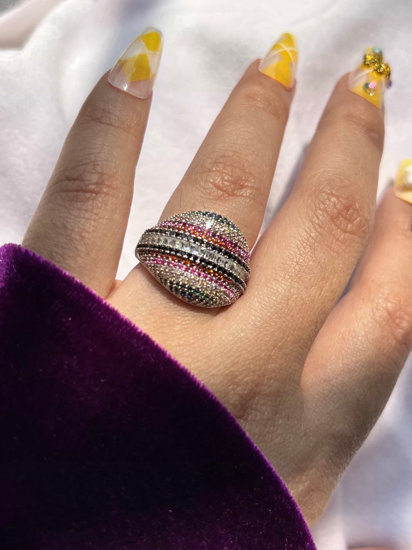 Silver Colourful Loaded Studs Cocktail Style Ring in Size 8 US