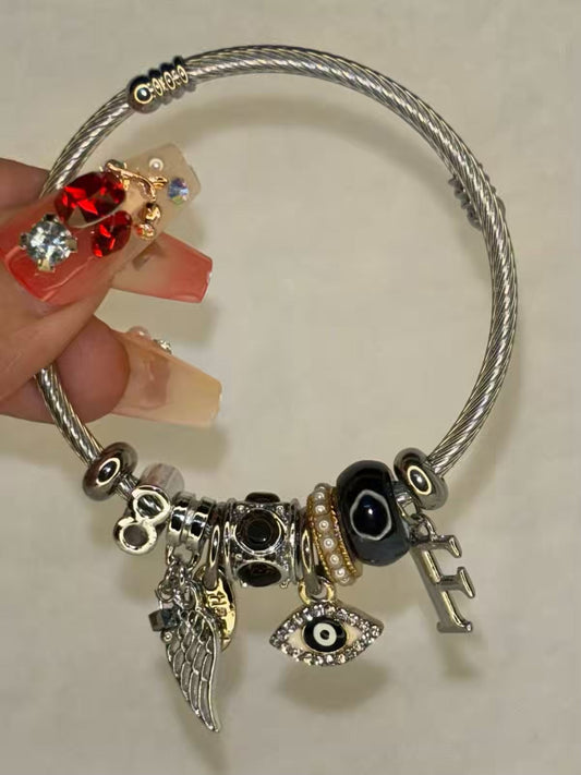 Charms Black Evil Eye Bracelet With Customised Initial  ( Silver )