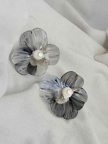 Wired Flower Fresh Pearls Earrings Studs - Silver Plated