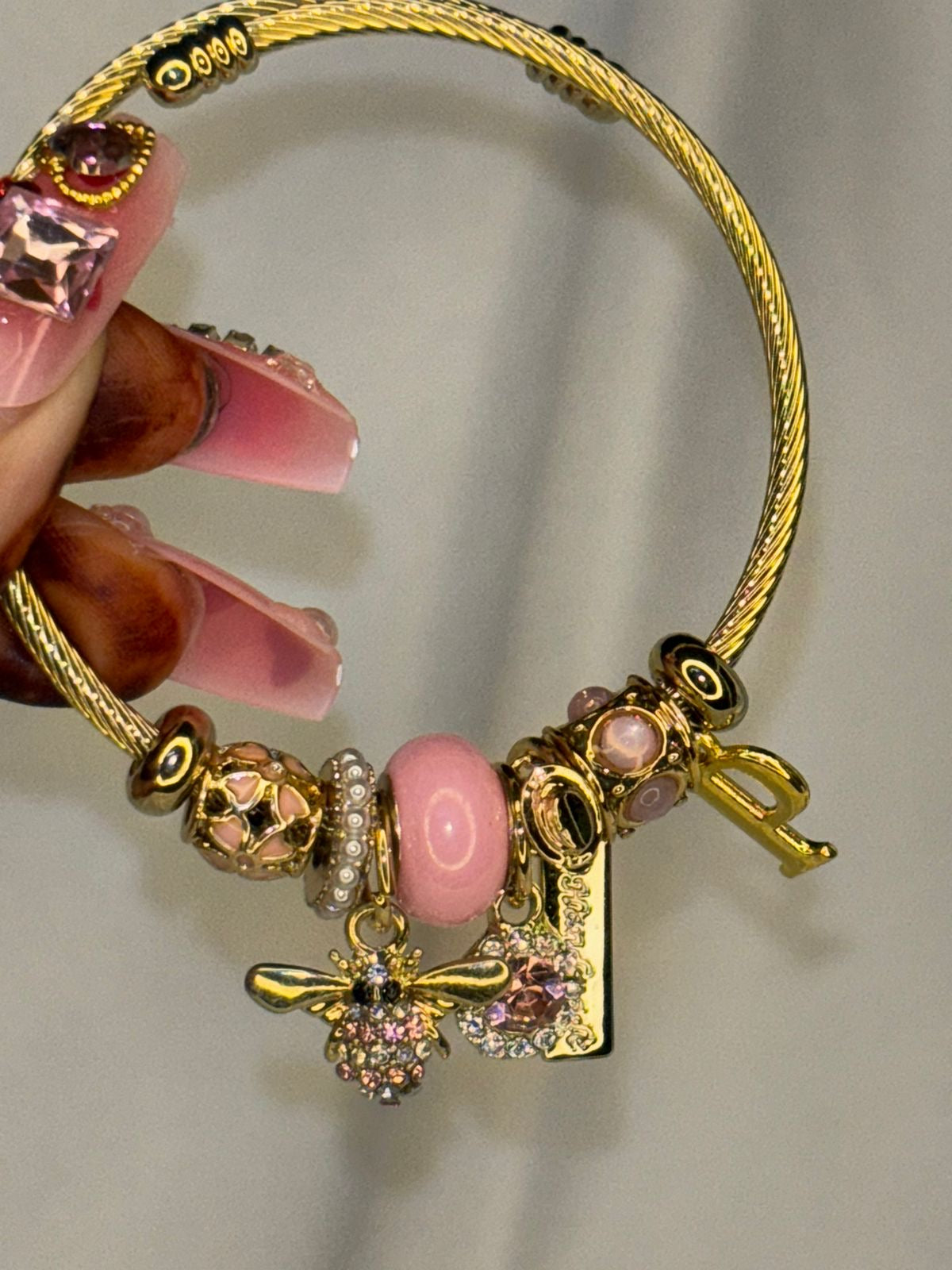 Charms Pink Bee Charms Bracelet With Customised Initial (Gold)