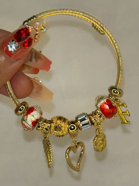 Charms Flowery Heart  Bracelet With Customised Initial  ( Gold )