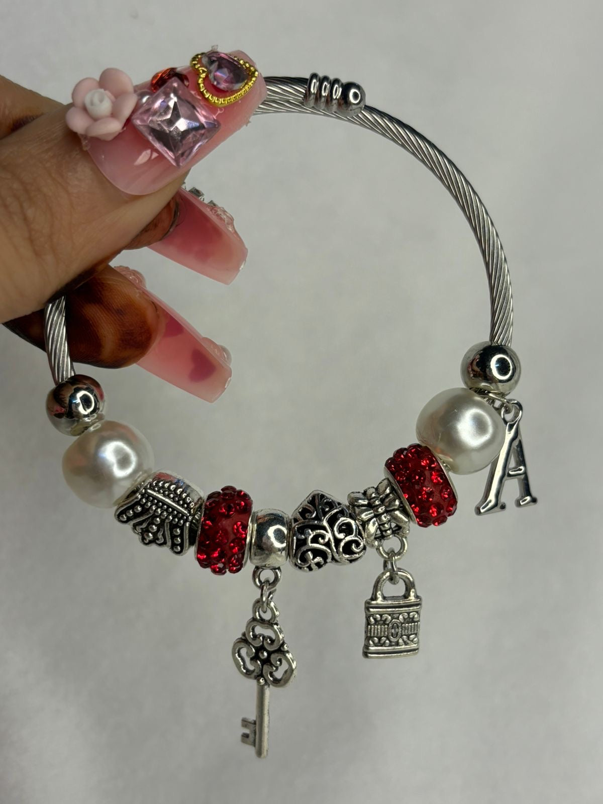 Charms Red Pearl Lock Key Bracelet With Customised Initial ( Silver )