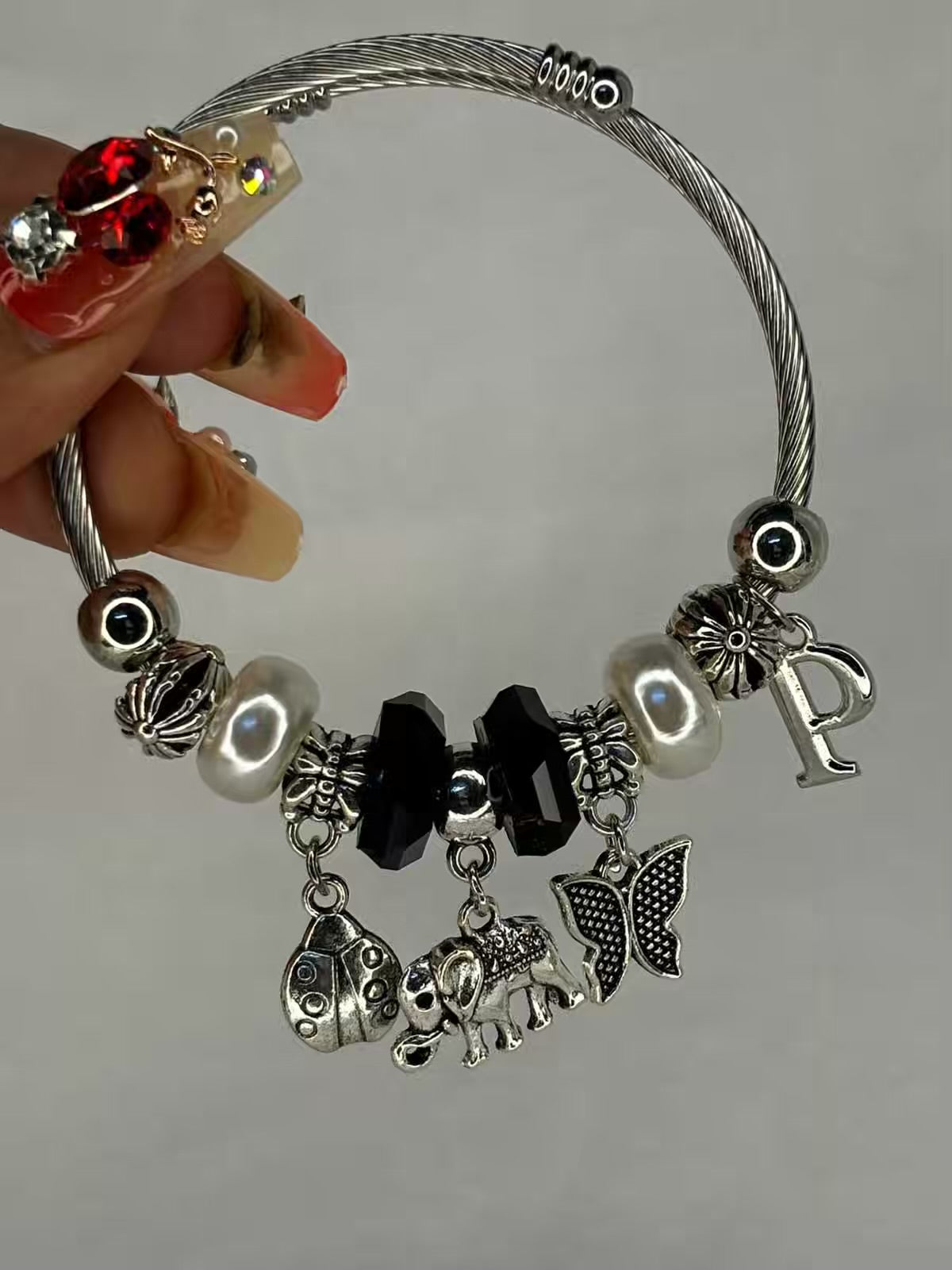 Charms Black Elephant Beetle Bug Bracelet With Customised Initial  ( Silver )