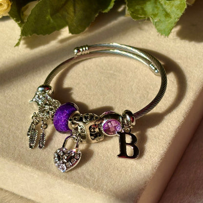 Purple Heart Dreamcatcher Charms Bracelet With Customised Initial ( Silver )