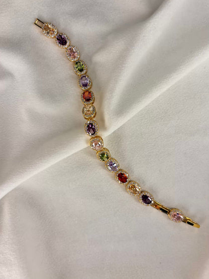 Colourful Oval Tennis Bracelet with Loaded Diamonds - Gold Plated