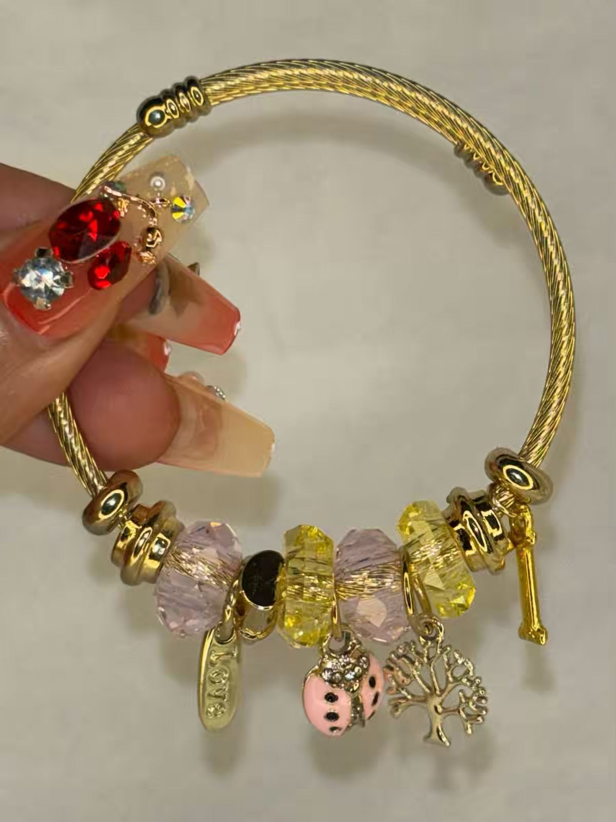 Charms Pink Bug Tree Bracelet With Customised Initial  ( Gold )