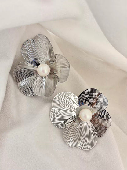 Wired Flower Fresh Pearls Earrings Studs - Silver Plated