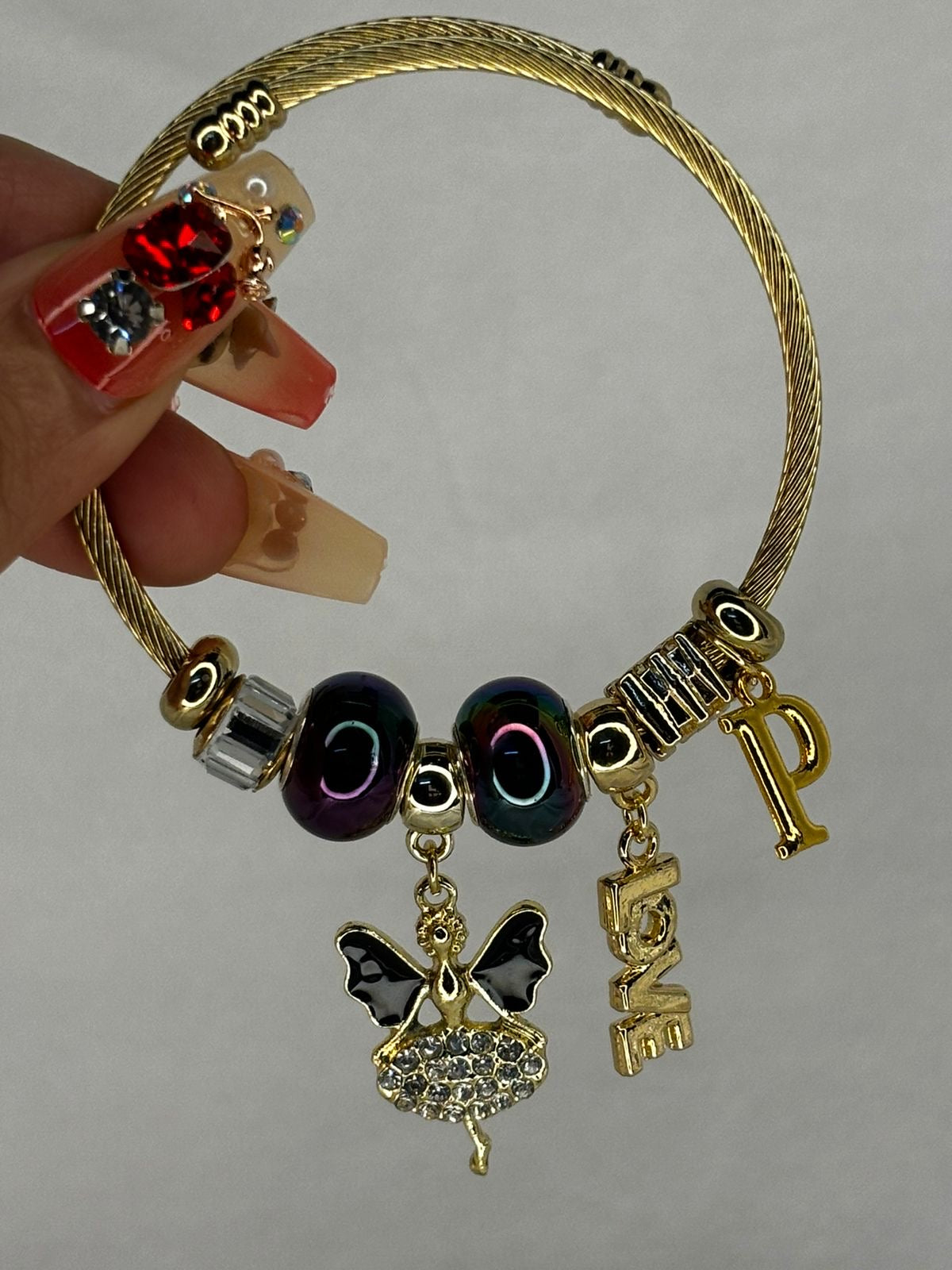 Charms Black Fairy Bracelet With Customised Initial  ( Gold )