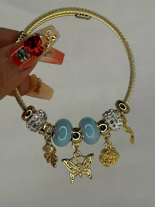 Charms Blue Butterfly Bracelet With Customised Initial  ( Gold )