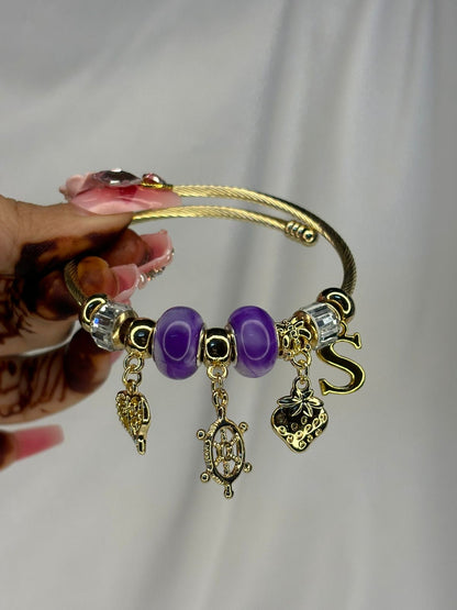 Charms Purple Charms Bracelet With Customised Initial (Gold)