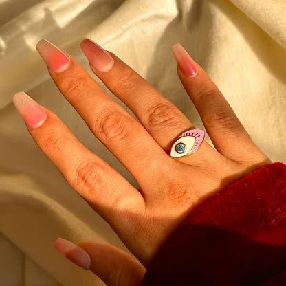 Pink Blue Evil Eye Studded Ring ( Gold )