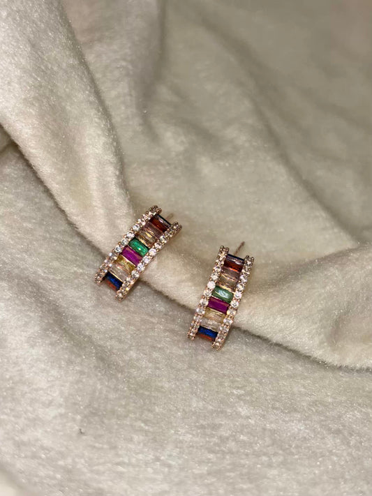 Colourful Rainbow Huggies Earrings Studs - Rose Gold Plated