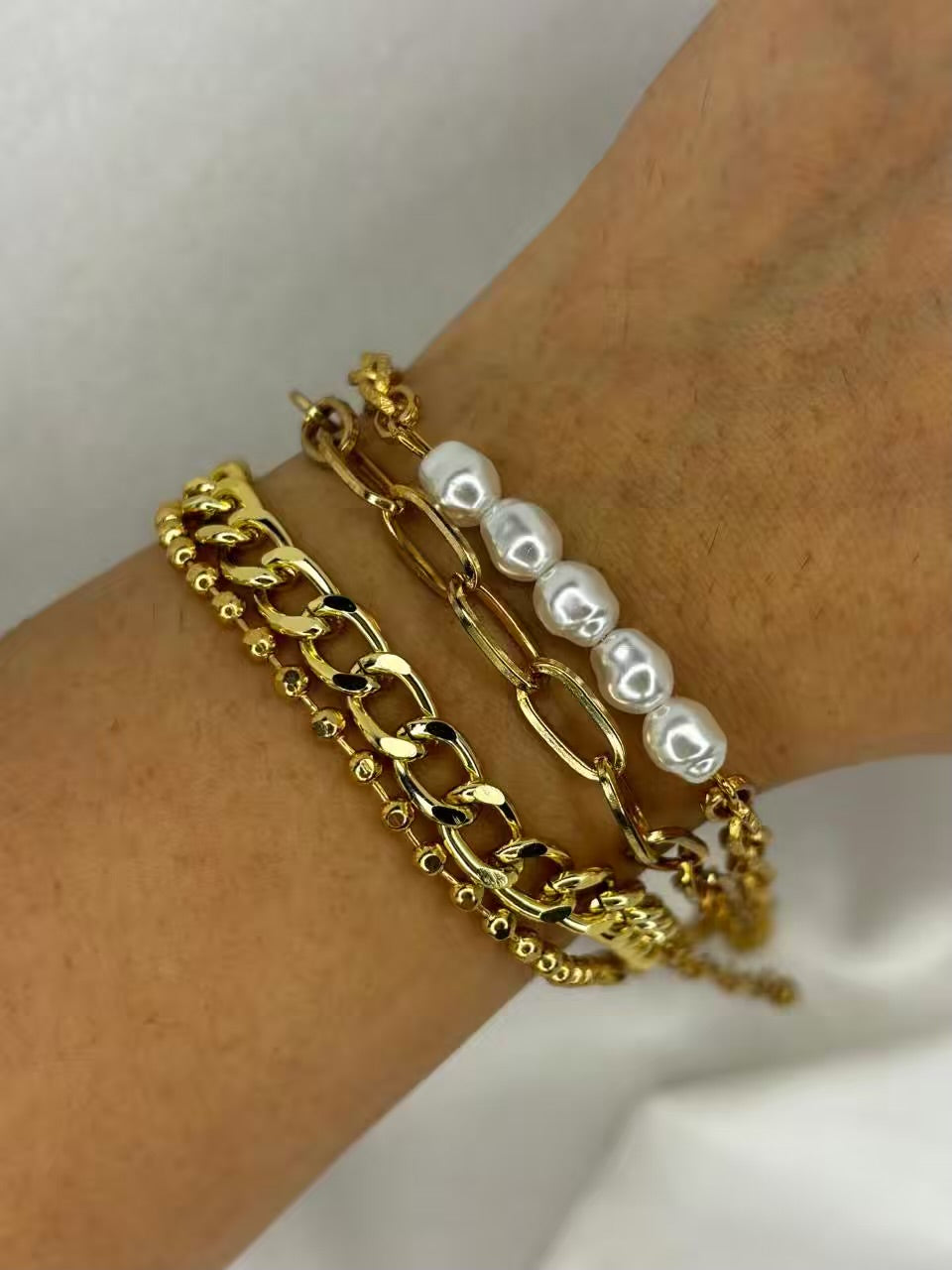 Pearly Chain Stacked Bracelet ( Gold )