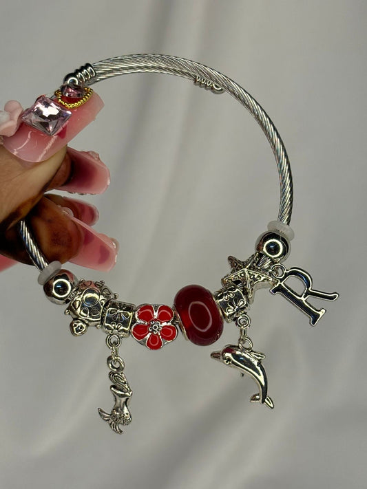 Charms Mermaid Dolphin Maroon Bracelet With Customised Initial ( Silver )