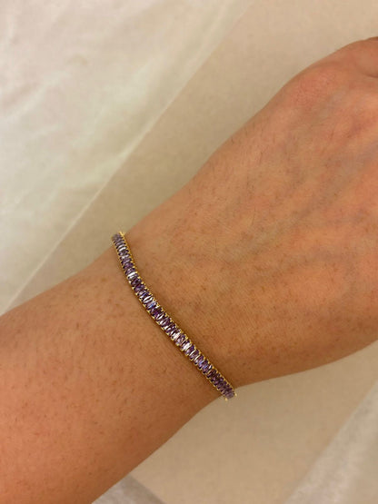 Purple Lilac Solitaire Diamonds Tennis Bracelet - Silver ( Unisex )