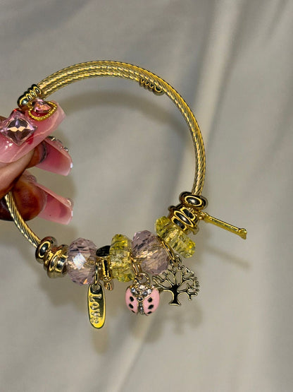 Pink Bug Tree Charms Bracelet With Customised Initial ( Gold)