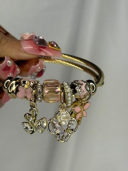 Charms Pink Swan Charms Bracelet With Customised Initial (Gold)