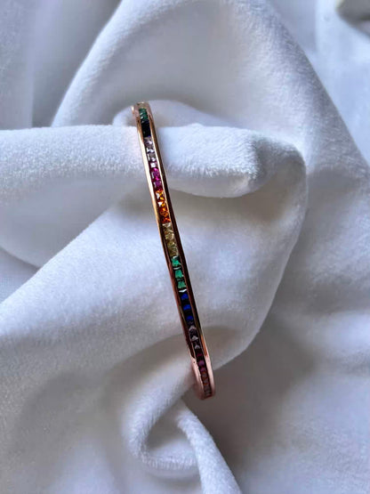 Minimal Rainbow Bracelet Tennis Bangle - Rose Gold