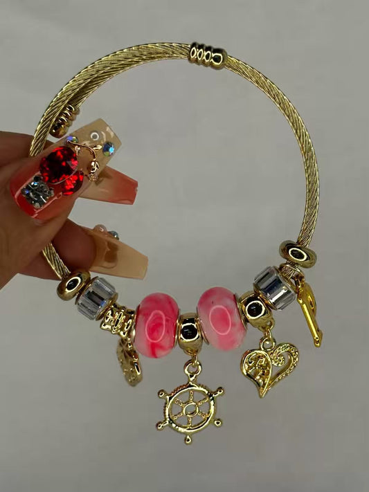 Charms Pink Anchor Bracelet With Customised Initial  ( Gold )