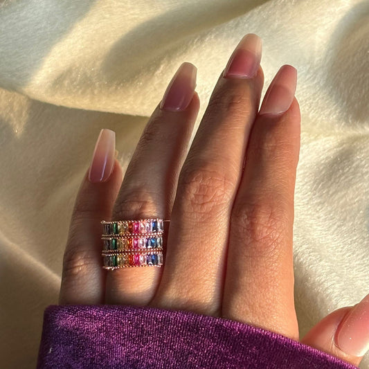 Multicoloured Tri Stacked Tennis Rainbow Ring Silver available