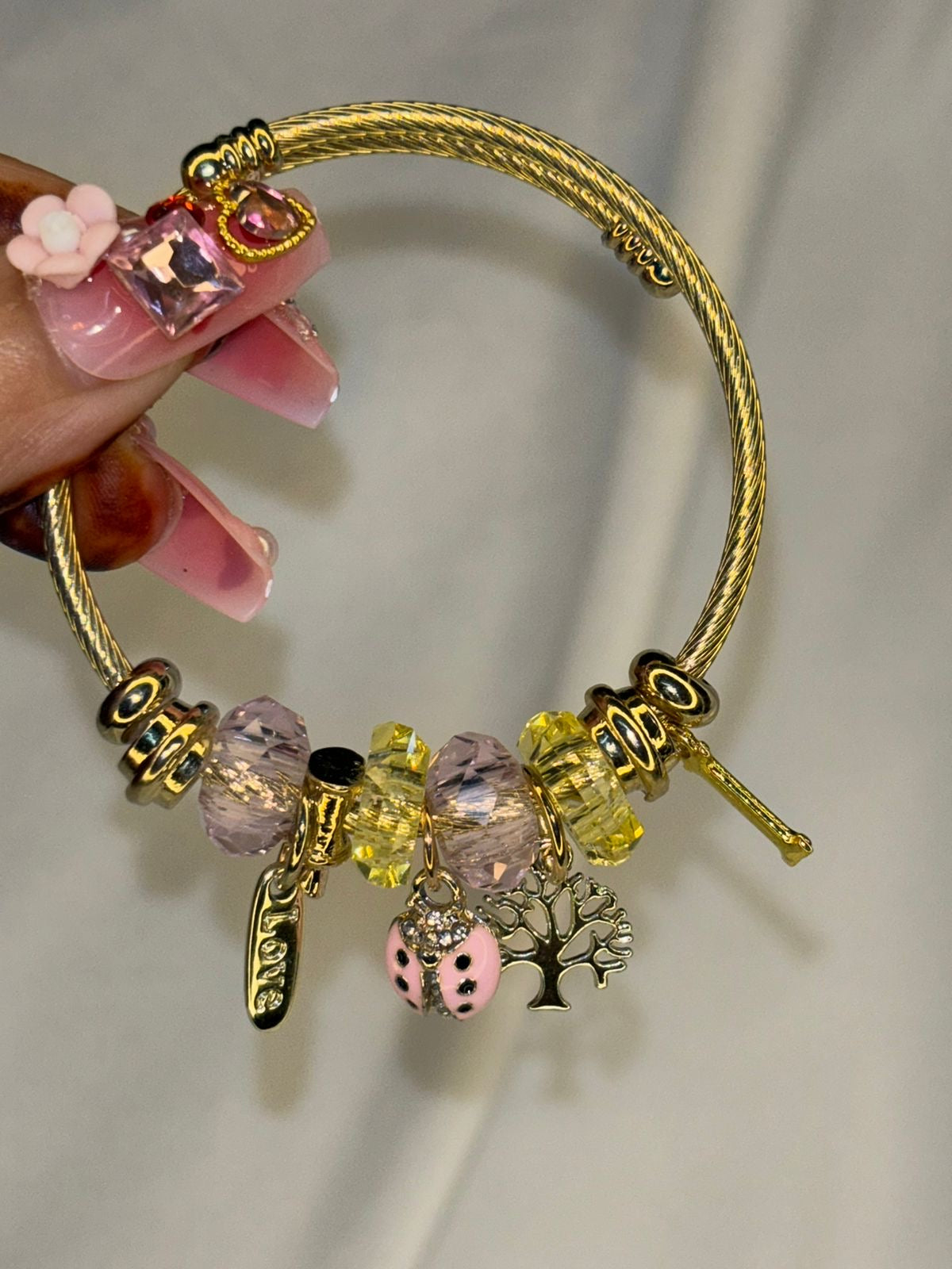 Pink Bug Tree Charms Bracelet With Customised Initial ( Gold)