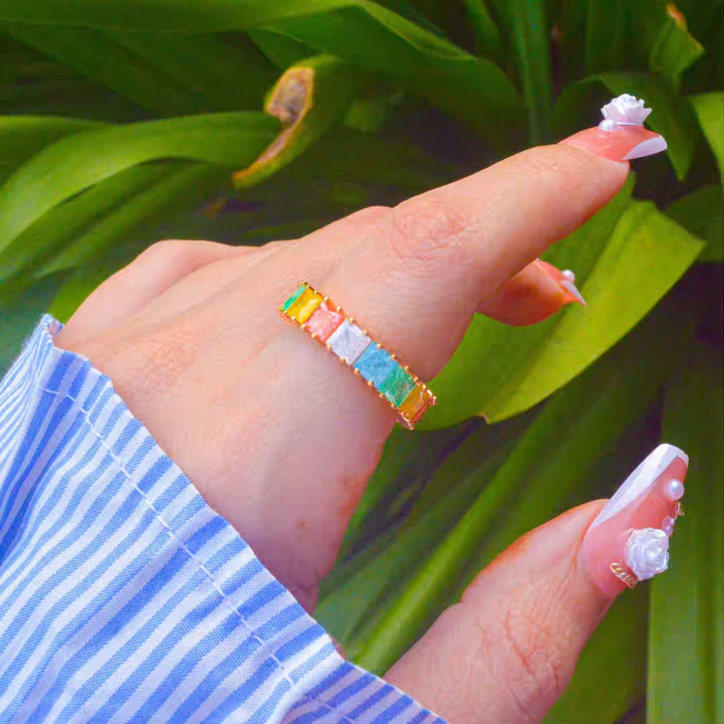 Square Milky Stones Colourful Band Ring - Gold