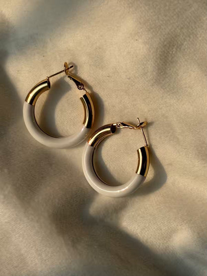 White Hoops Earrings Studs - 22k Gold Plated