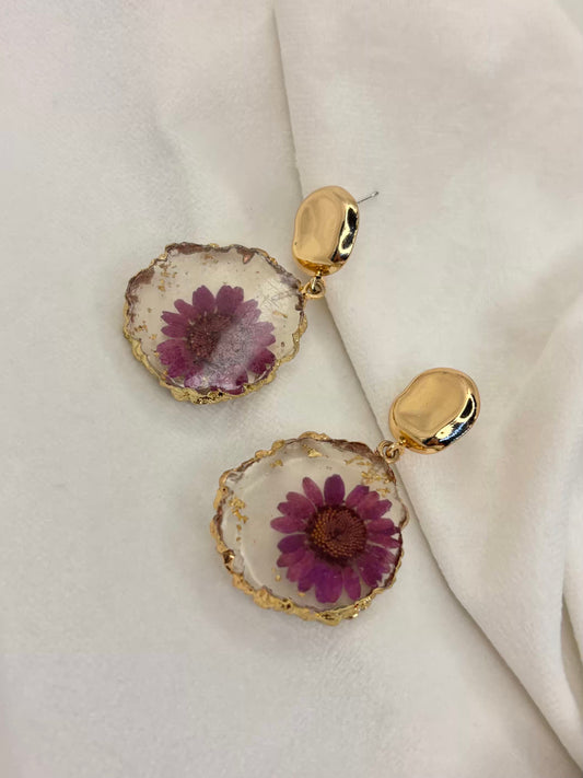 Magenta Pink Sunflower Pearl Earrings - Gold Plated