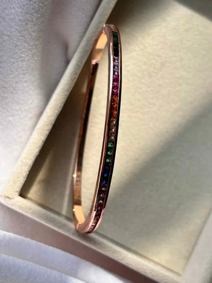 Minimal Rainbow Bracelet Tennis Bangle - Rose Gold