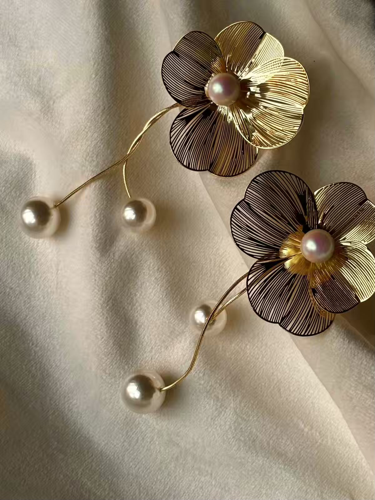 Flower Pearl Wire Earrings Studs - Gold Plated