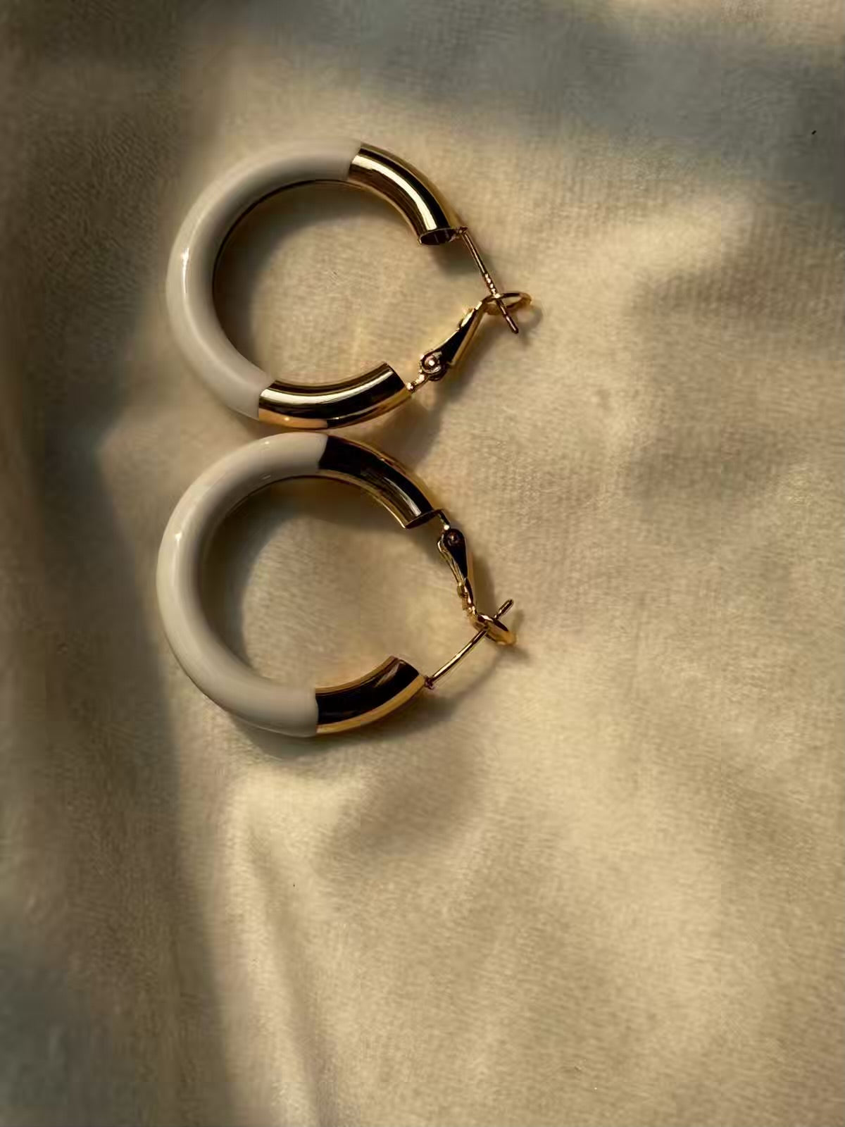 White Hoops Earrings Studs - 22k Gold Plated