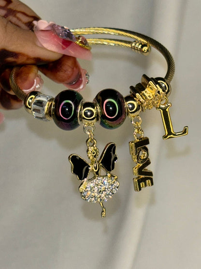 Charms Black Fairy Bracelet With Customised Initial ( Gold )