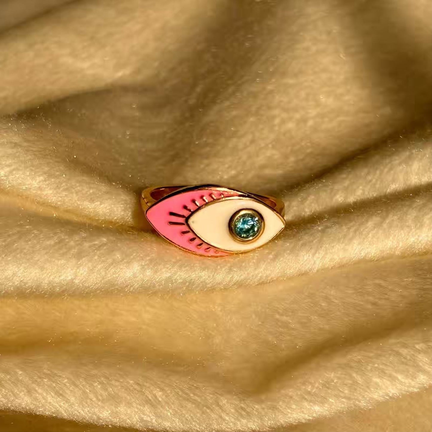 Pink Blue Evil Eye Studded Ring ( Gold )