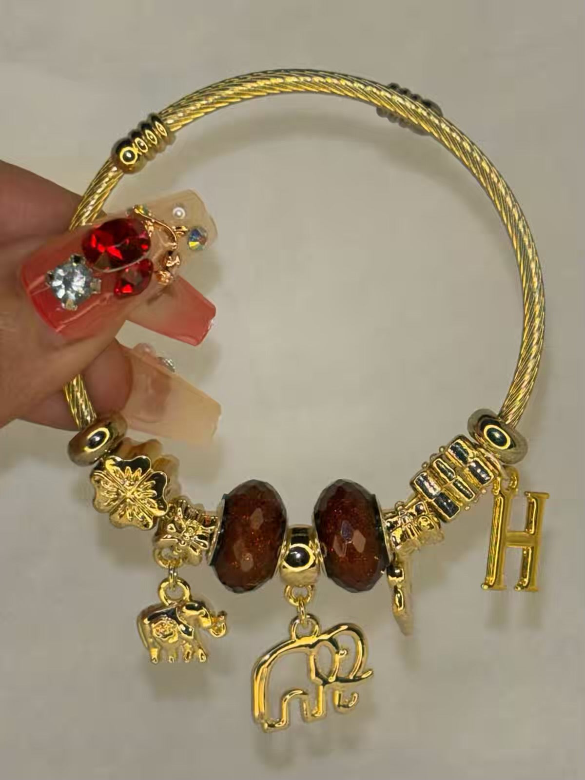 Charms Maroon Elephant Heart  Bracelet With Customised Initial  ( Gold )