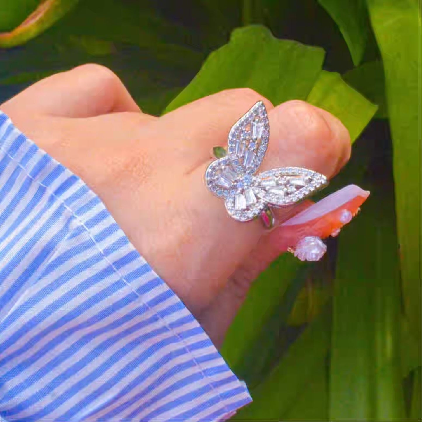 Butterfly Studded Ring - Silver ( Adjustable )