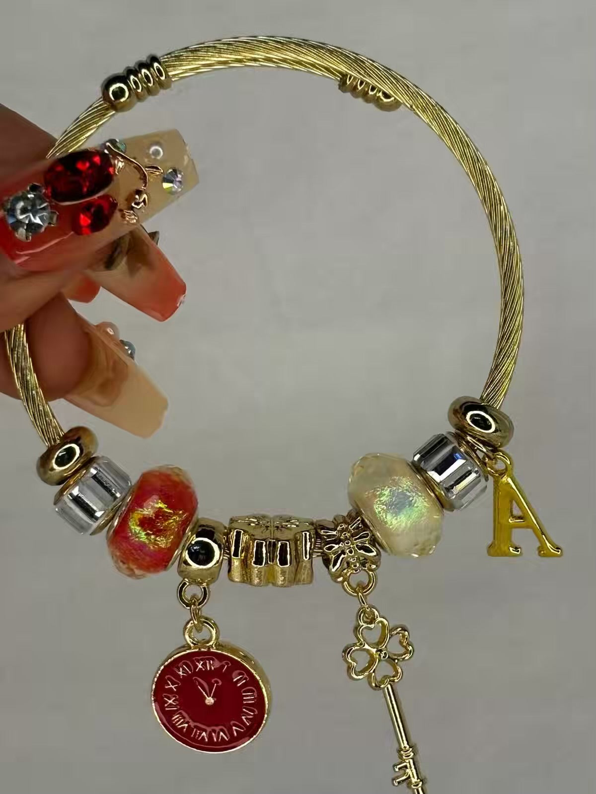 Charms Red Clock Bracelet With Customised Initial  ( Gold )