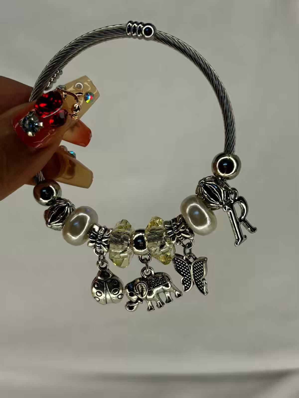 Charms Beetle Bug Elephant Bracelet With Customised Initial  ( Silver )