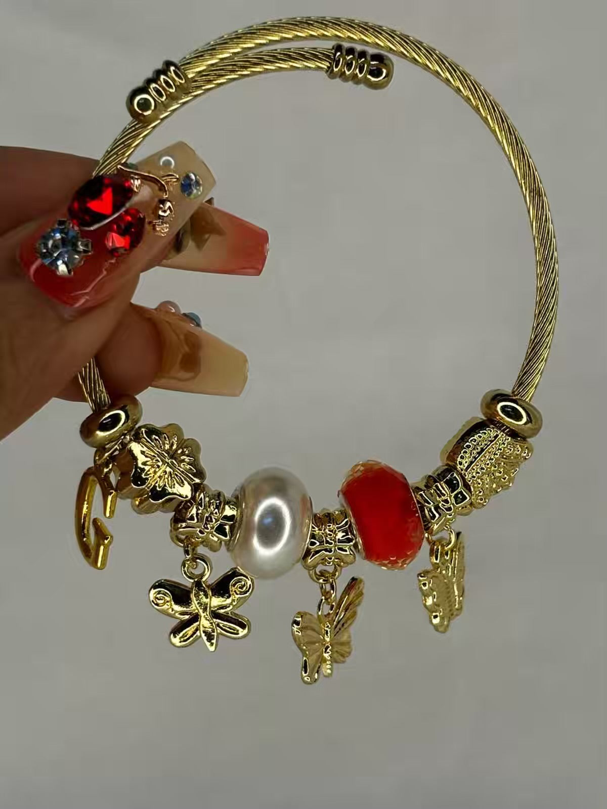 Charms Red Pearl Butterfly Bracelet With Customised Initial  ( Gold )