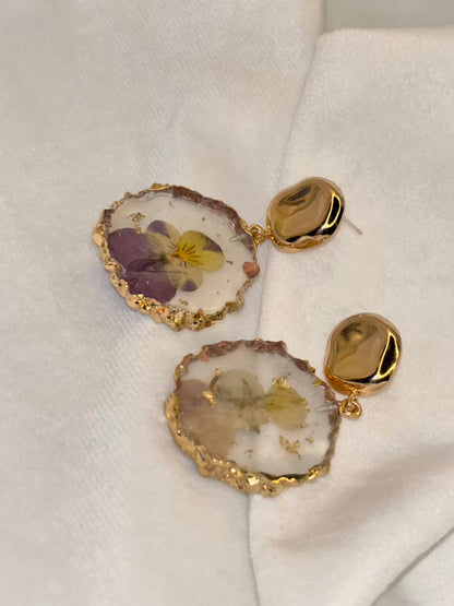 Purple Yellow Fresh Flower Earrings - Gold Plated