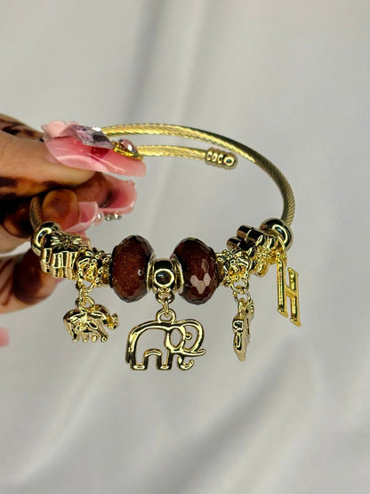 Charms Elephant Bracelet With Customised Initial ( Gold )