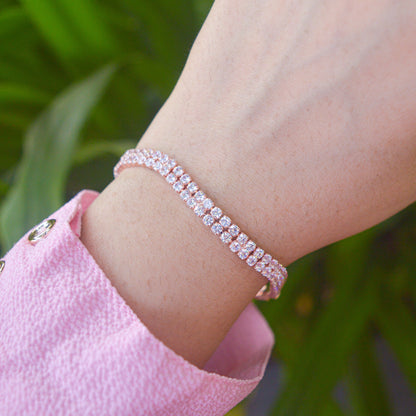 Round Diamonds Double Border Diamonds Tennis Bracelet  - Rose Gold Plated