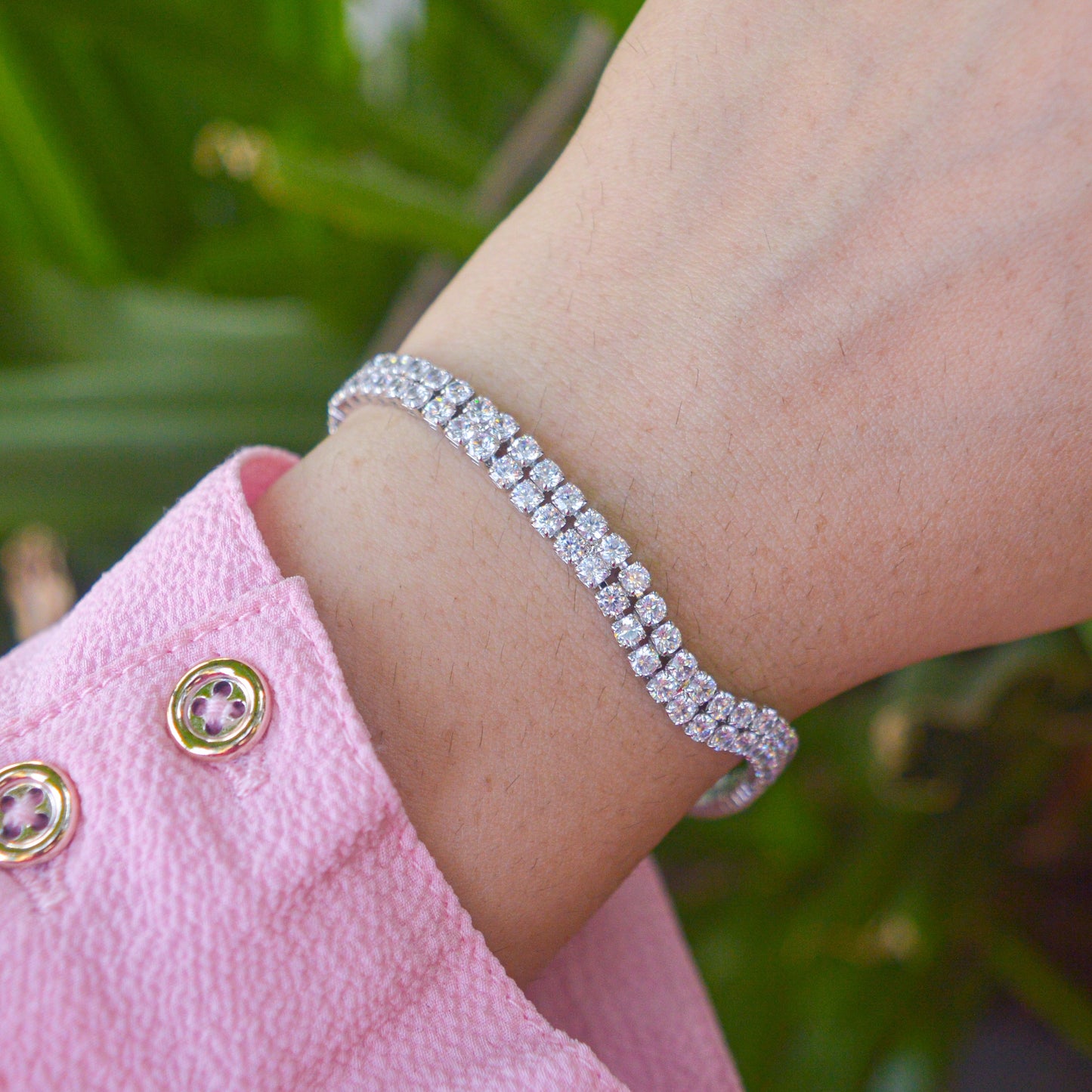 Round Diamonds Double Border Diamonds Tennis Bracelet  - Silver Plated